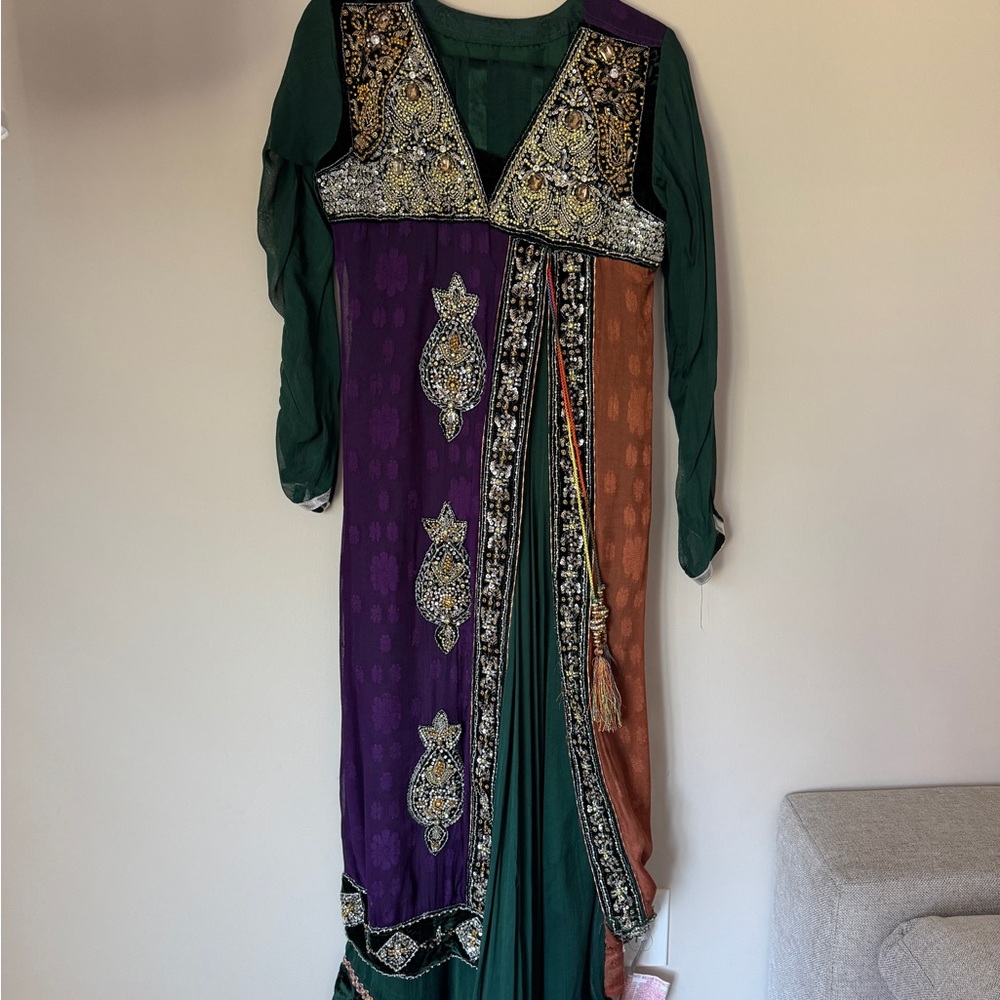 Elegant Green and Purple Pakistani Anarkali dresd